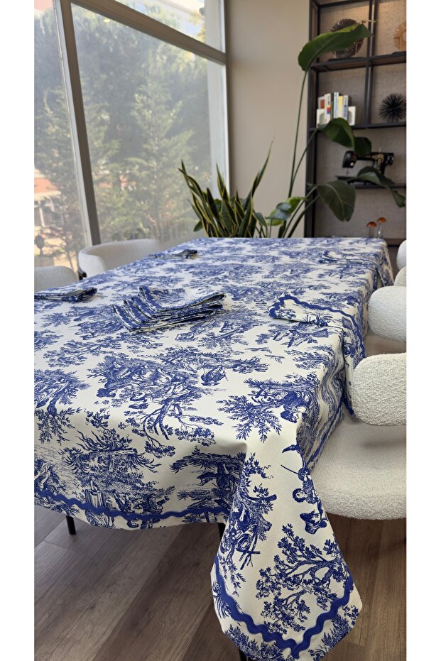 طقم مفرش طاولة منقوش باللون الأزرق الداكن - 1