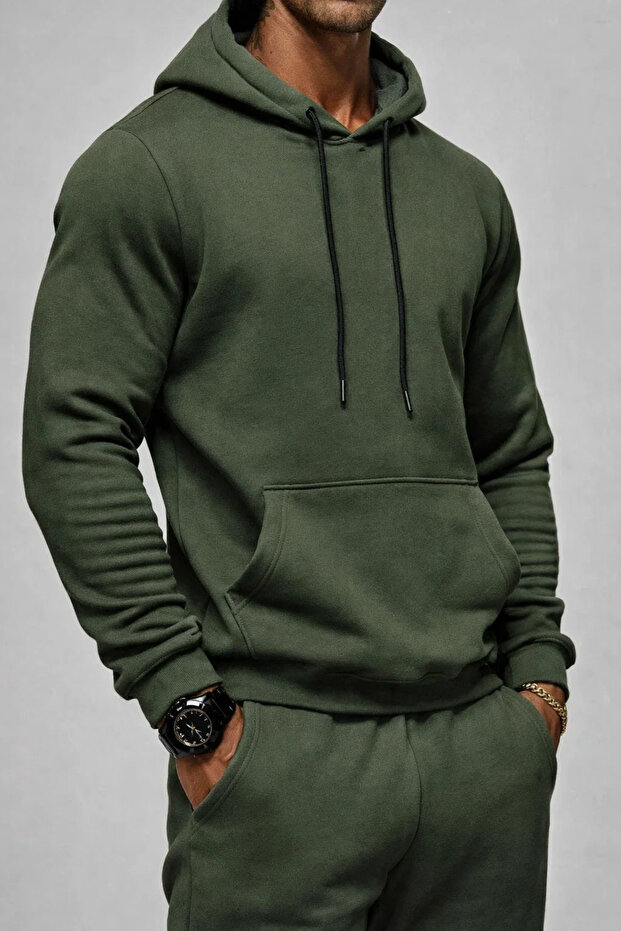 Men's Kangaroo Pocket Khaki Hooded Sweatshirt