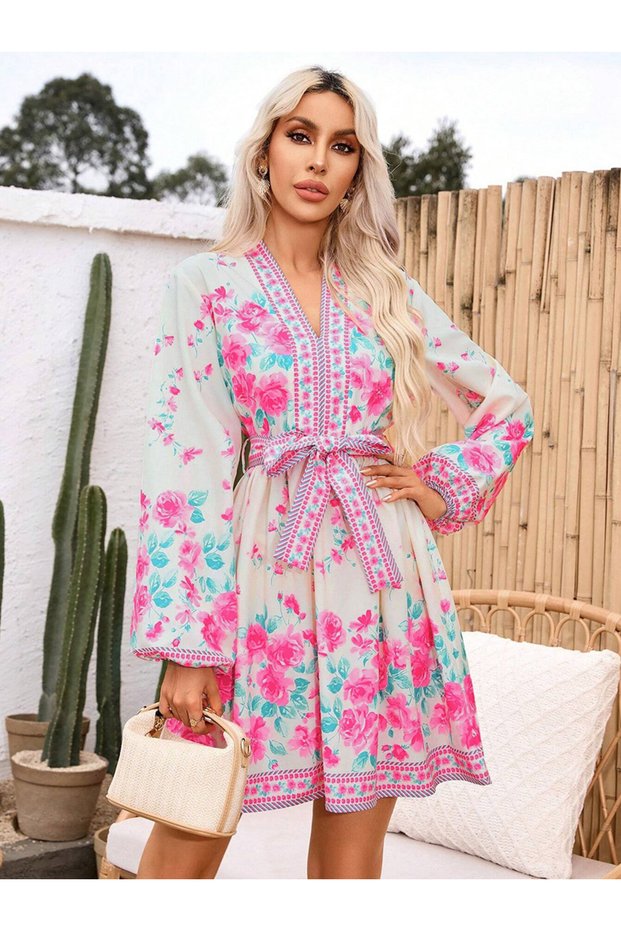Women's Floral Printed Belted Detail Lantern Sleeve Mini Dress