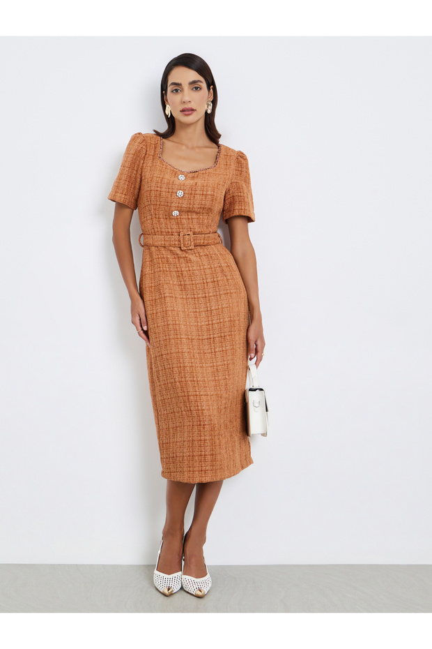Fabric belt as image trim at neck Half Sleeves Sheath Midi Dress