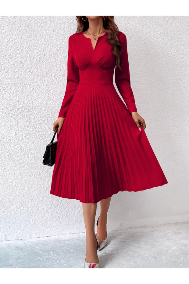 Women Long Sleeve Pleated Midi Dress