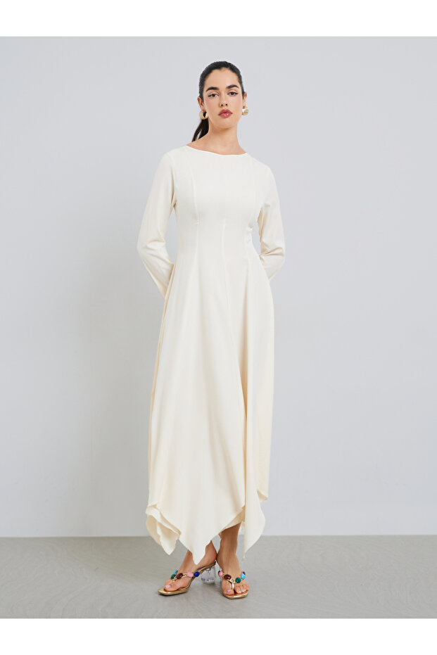 فستان ميدي سادة بحافة غير منتظمة - 3