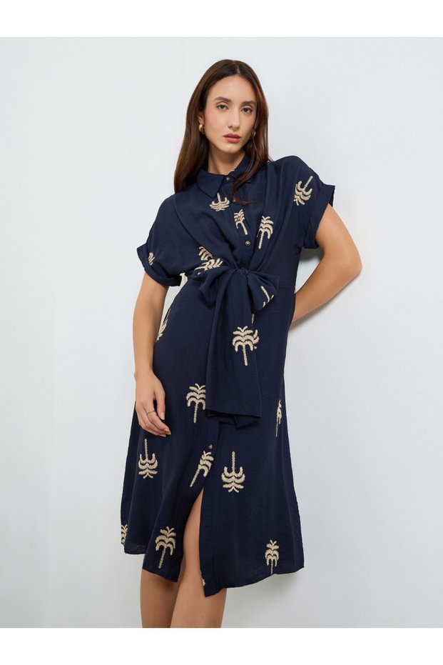 Women Embroidered Palm Midi Shirt Dress