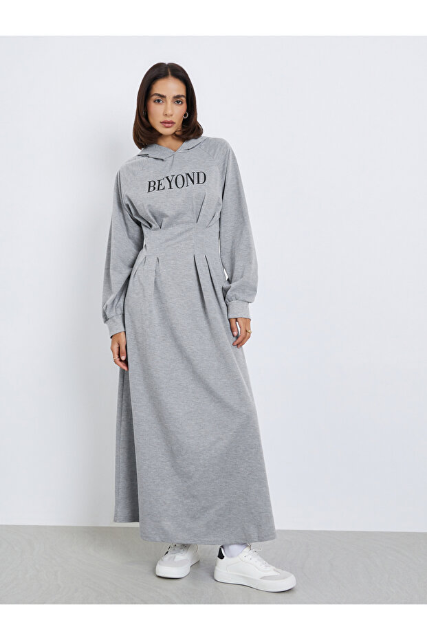 Printed Hooded Casual Midi Dress
