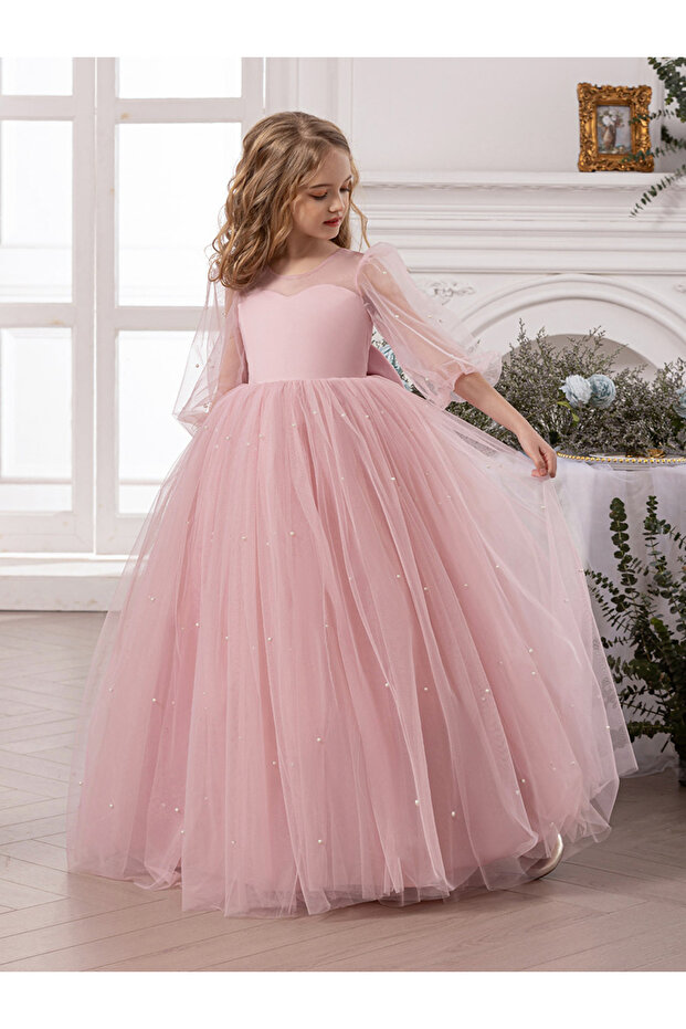 Girls Solid Faux Pearl Decor Bow Tie Deep V-Back Princess Party Maxi Dress
