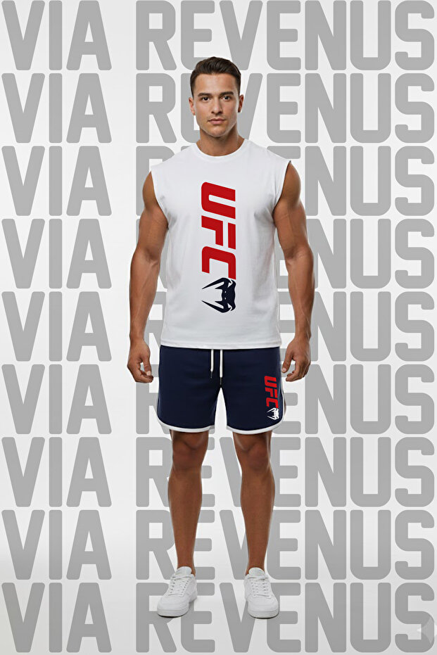 Ufc Printed Black Sleeveless 100% Cotton T-Shirt and Piped Jersey Fabric Sports Shorts Combination Set