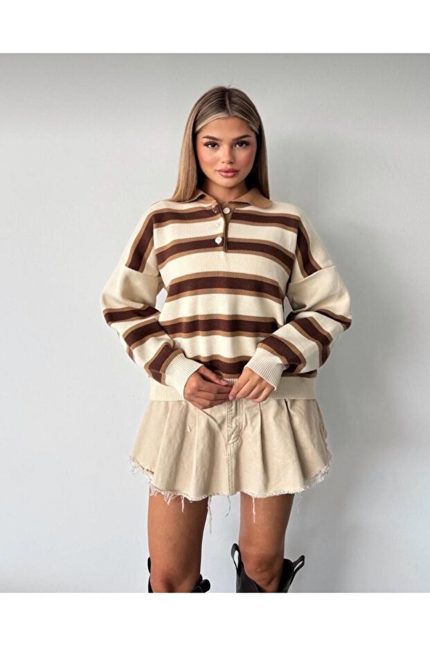 Women's Striped Polo Collar Oversize Knitwear Sweater