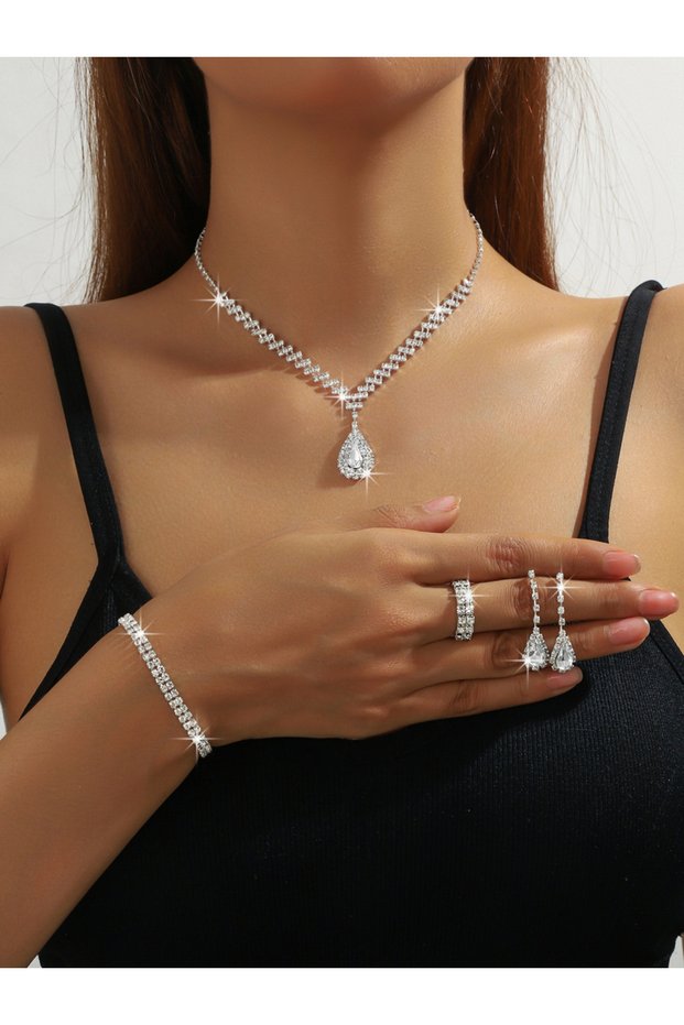Silver Crystal Necklace with Earrings and Bracelet and Ring Set