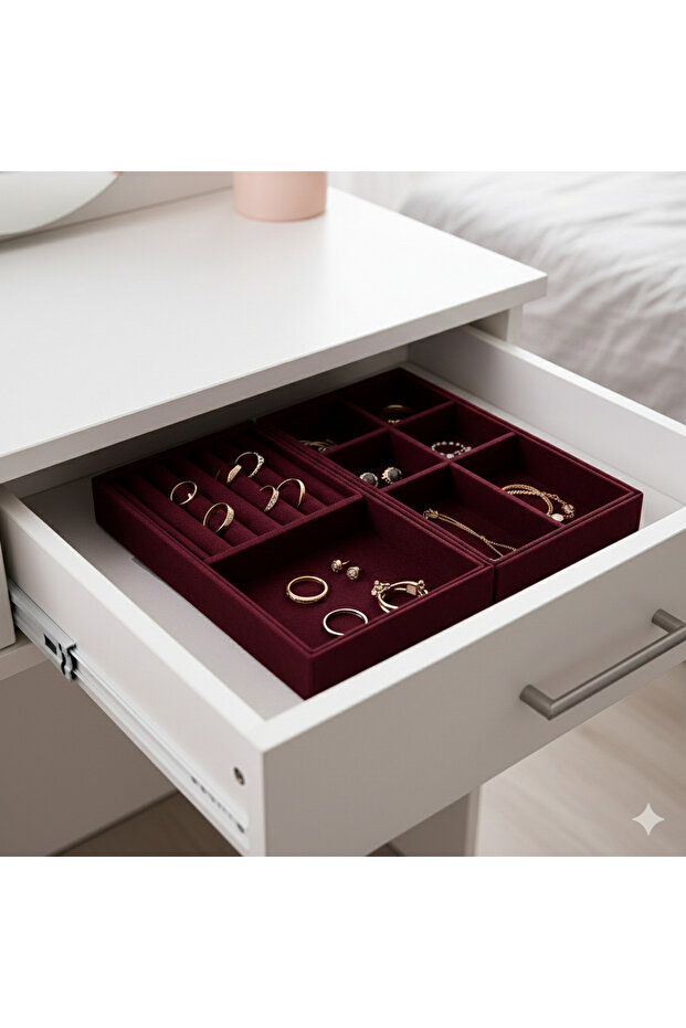 Burgundy Suede Drawer Jewelry Two-Piece Organizer Set | Ring, Earring and Necklace Organizer
