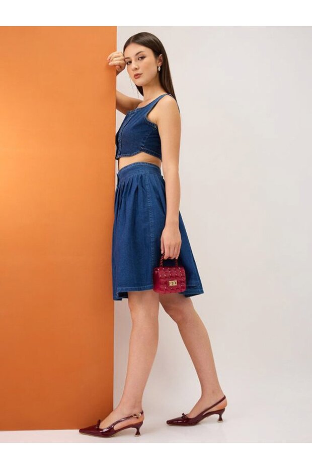 Blue Pleated Button-Down Mini Denim Skirt