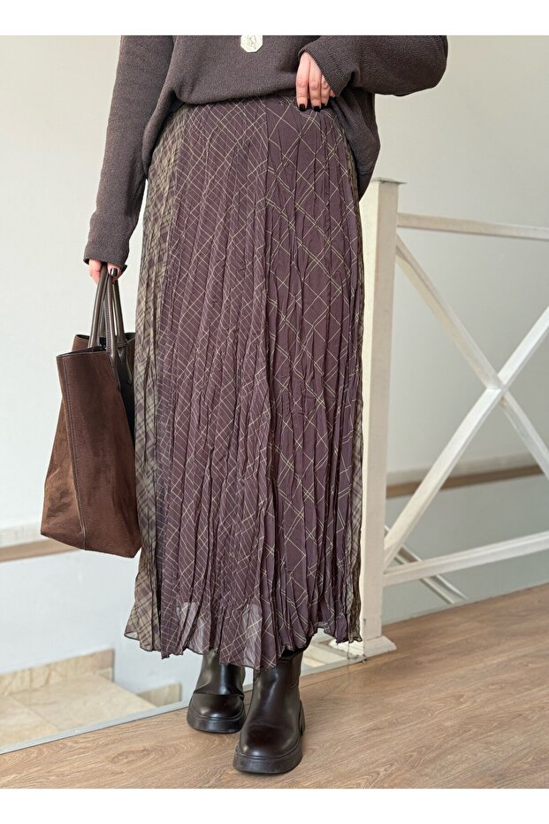 تنورة ميدي مبطنة بنمط متدرج - كاكي/بني - 1