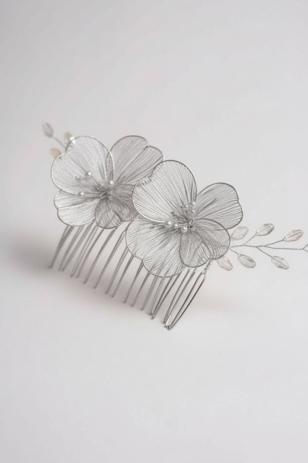 Silver Scalloped Bridal Hair Accessory with Metal Flower Detail – Handmade Hair Ornament