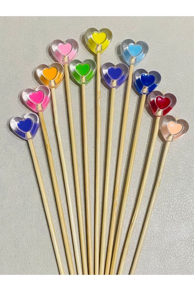 No:99 - 12Pcs 15cm Cocktail Long Toothpicks and Stirrers - Colorful Heart 1.8cm