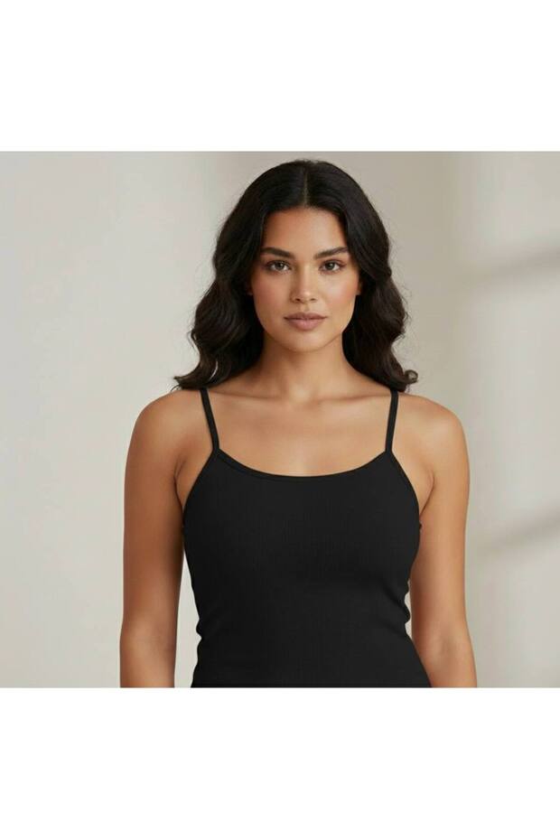 Black Basic String Strap Tank Top - 1