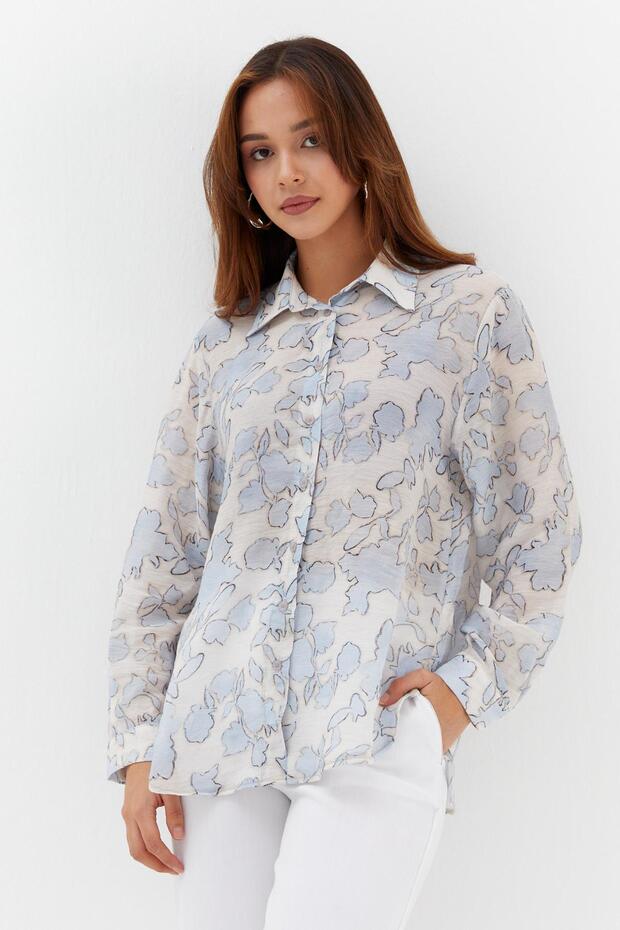 Floral Pattern Thin Shirt Blue