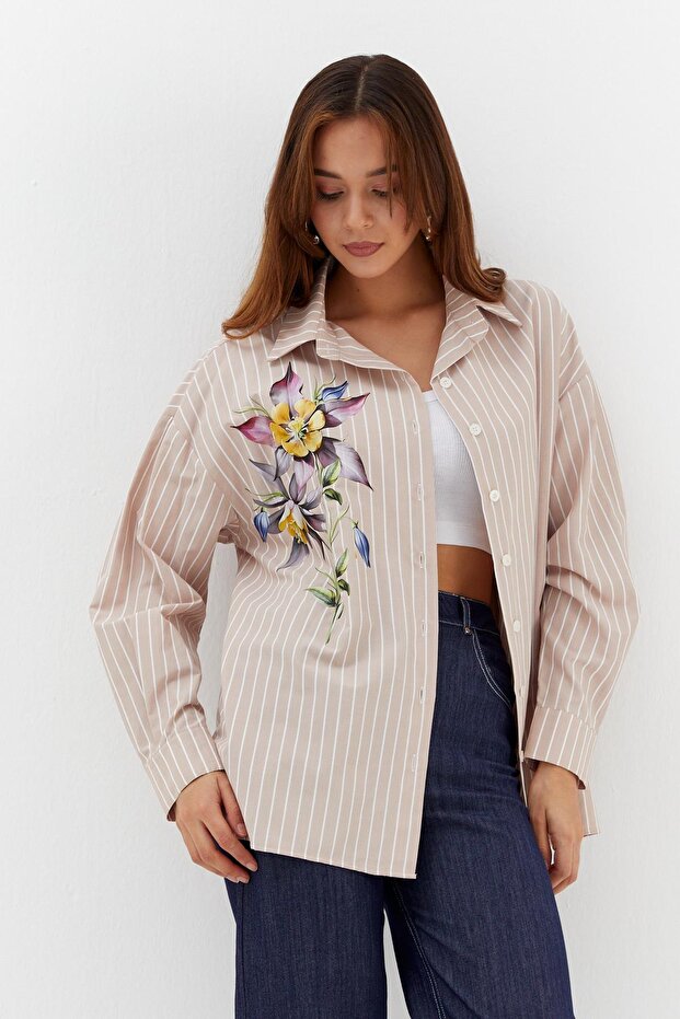 Flower Printed Oversized Shirt Beige