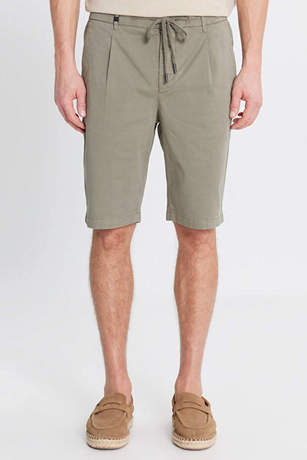 Men's Khaki Cotton Slim Fit Slim Fit Tie Waist Side Pocket Stretch Shorts