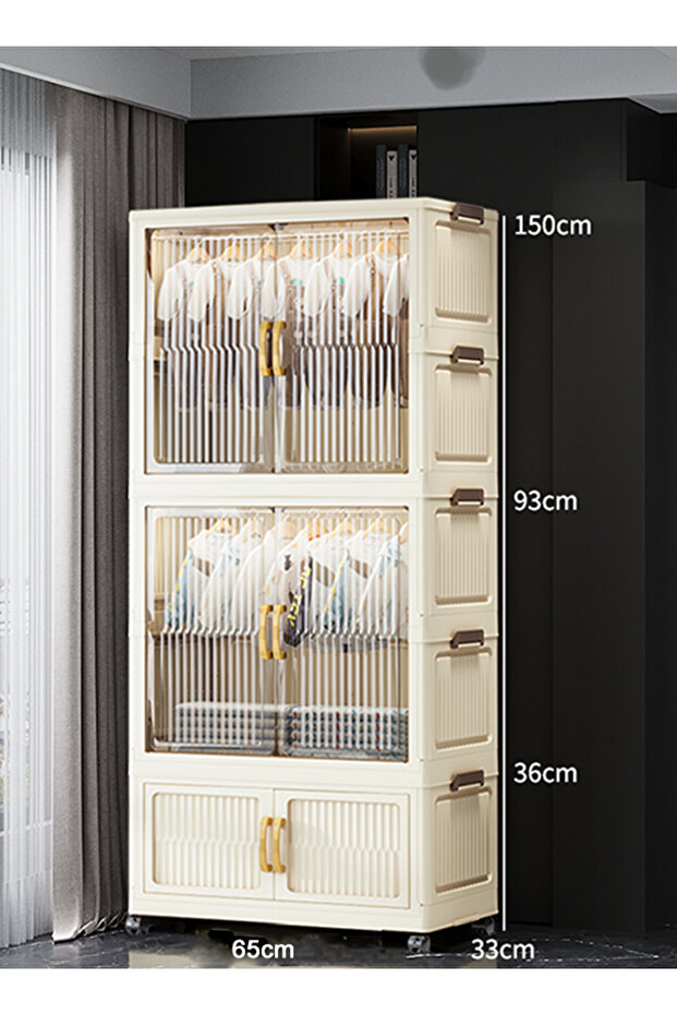 خزانة ملابس قابلة للطي والتكديس مزودة بعجلات وأبواب شفافة - 1