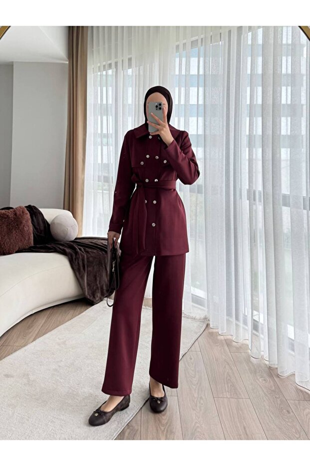 Women's Scuba Snap Closure Belted Pants Suit