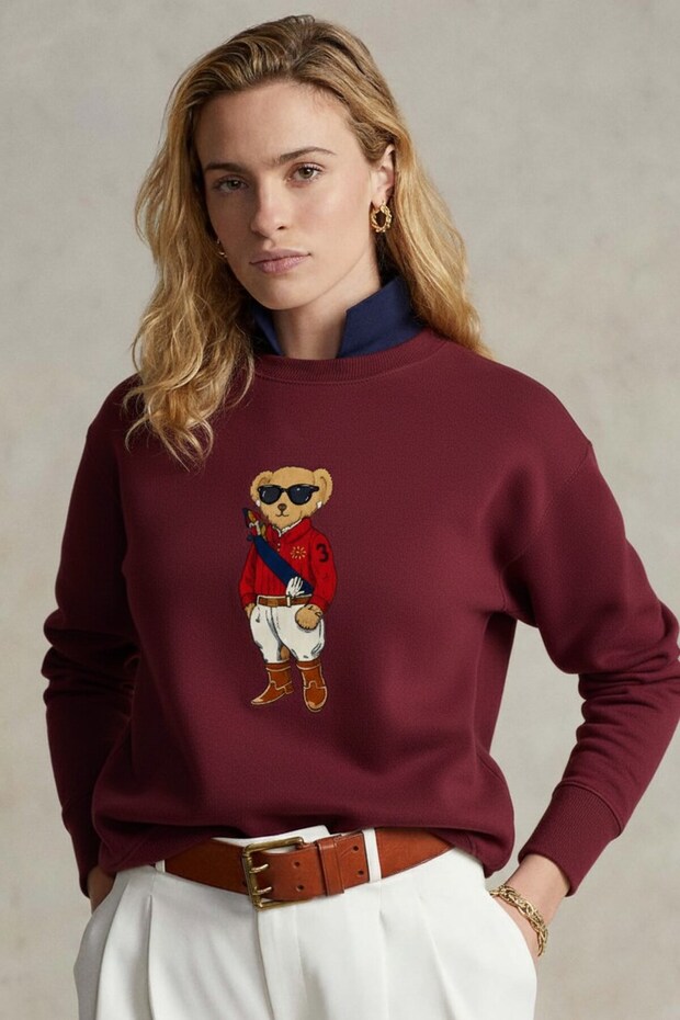 Women's Oversized Sweatshirt Regatta Bear 3D Printed Burgundy – Crew Neck, 3 Thread Raised