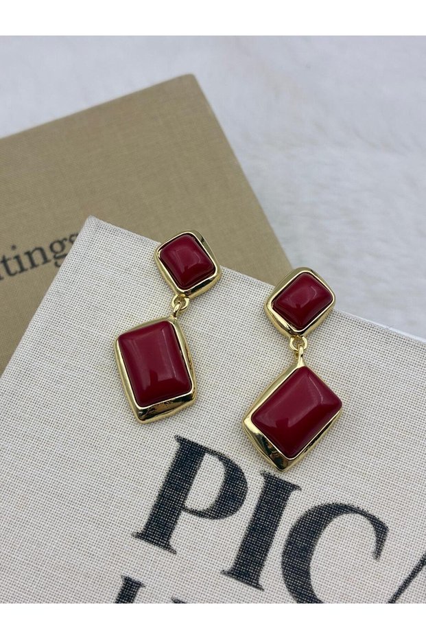 Burgundy Color Gold Detailed Rectangular Model Vintage Dangle Earrings