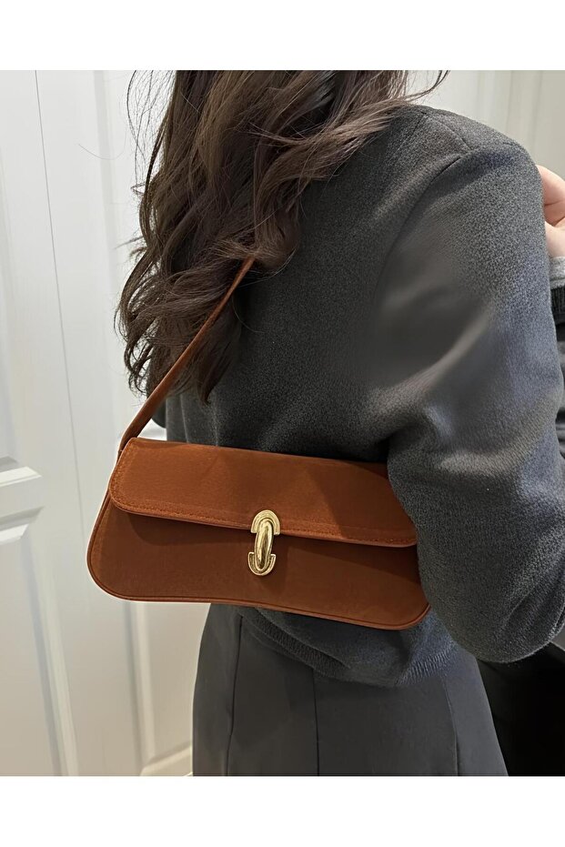 Nora Model Gold Women's Baguette Hand and Shoulder Bag with Special Lock System