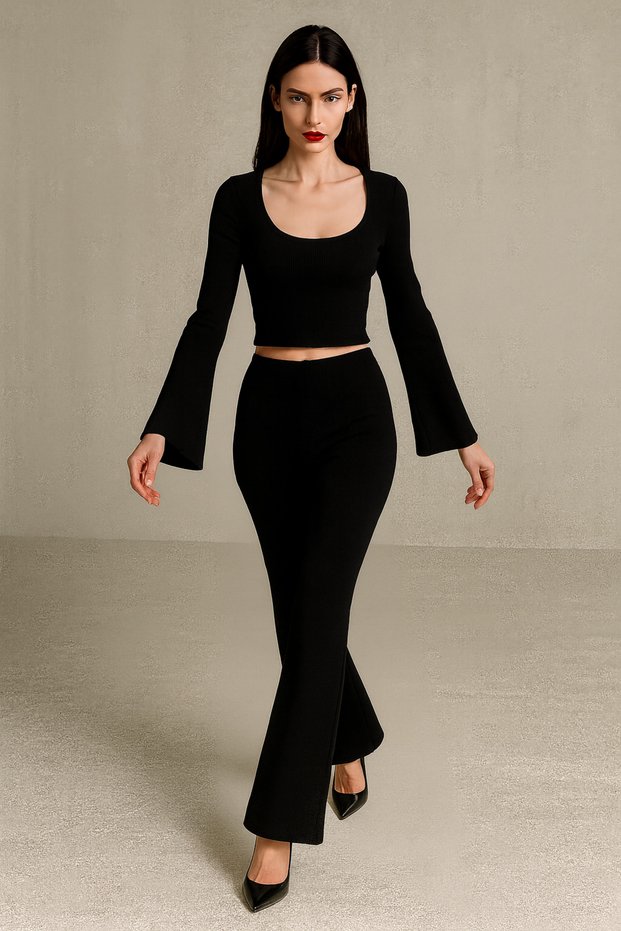 Women's black Corded Fabric bodycon spanish two-piece set