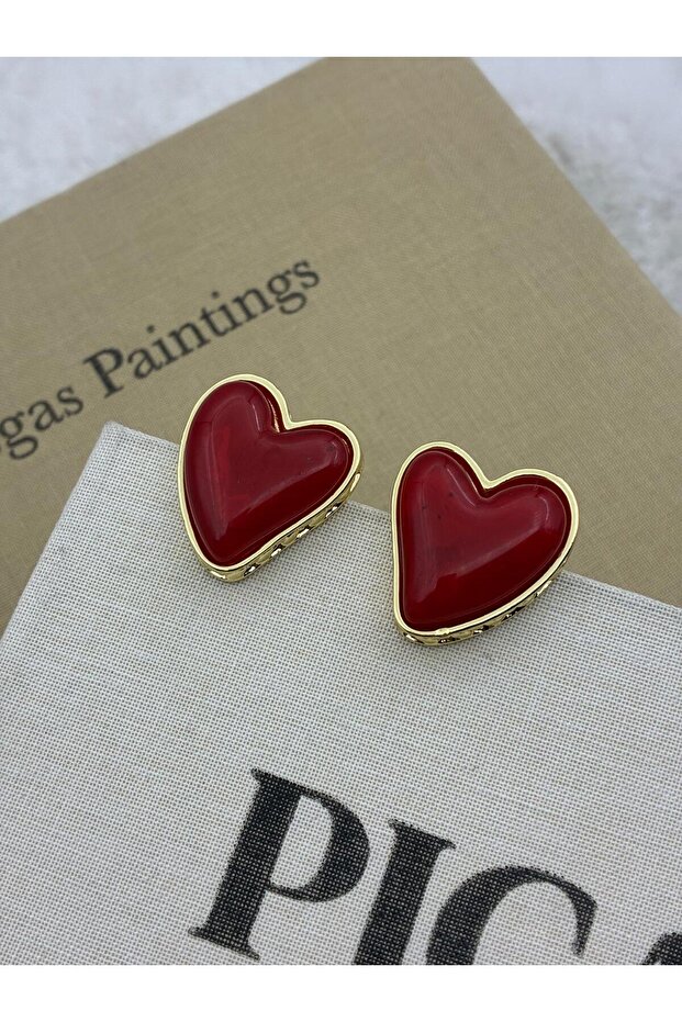 Red Stone Gold Detailed Heart Model Design Earrings