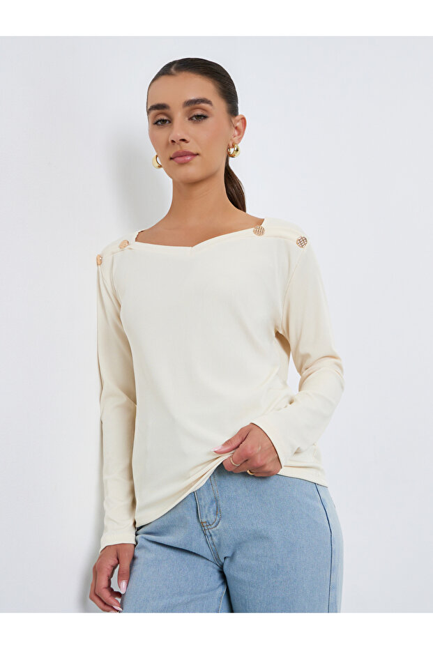 Women Long Sleeve T-Shirt with Button Detail