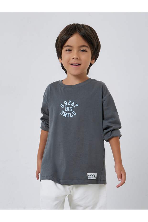 Boys Grey Slogan Long Sleeve Cotton T-Shirt