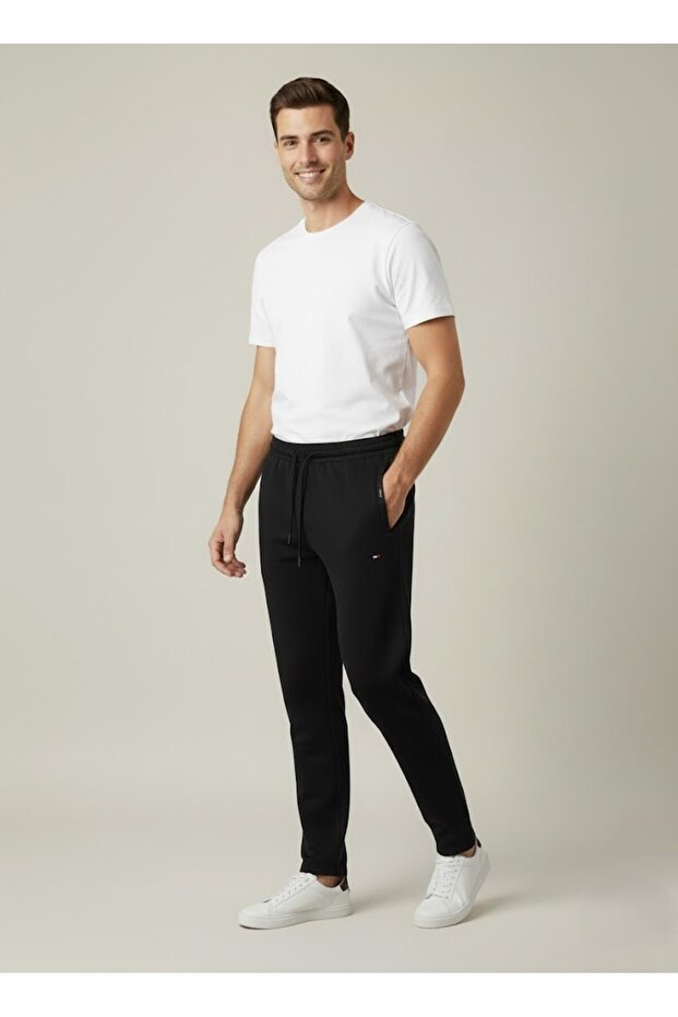 Men's Black Cotton 2 Thread Zipper Pocket Embroidery Detailed Elastic Straight Leg Sweatpants