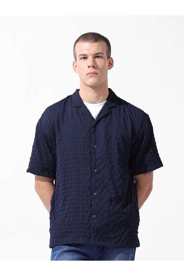 The Indian Garage Co Relaxed Fit Navy Blue Self Design Shirt