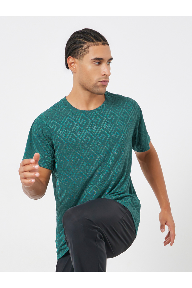 Men Teal Geometric Print Quick Dry Athleisure T-Shirt