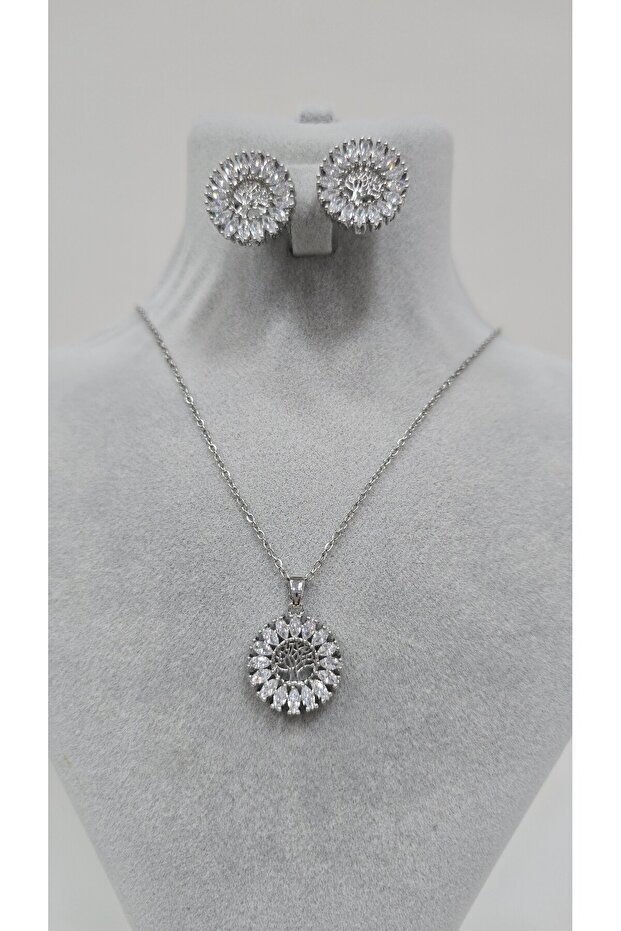 Stainless Steel Silver Color Tree of Life Zircon Stone Necklace, Earrings Set