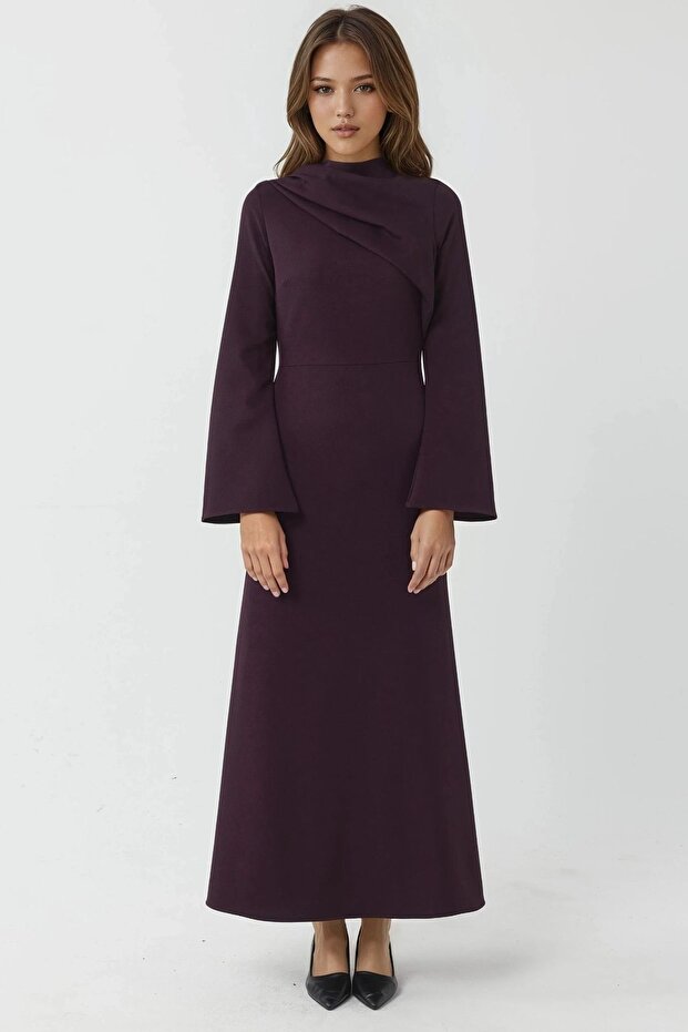 Drape Detaylı Uzun Elbise - 6
