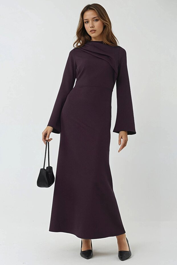 Drape Detaylı Uzun Elbise - 1