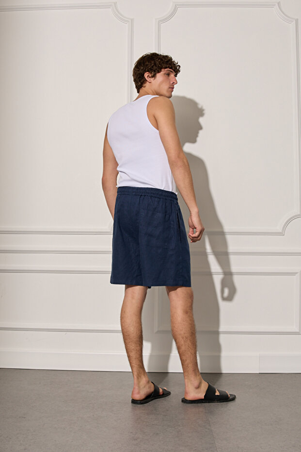 %100 Keten Beli Lastikli Şort - 4