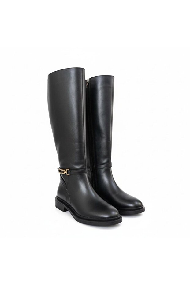 Black Leather Women's Knee-High Boots with Gold Accessories