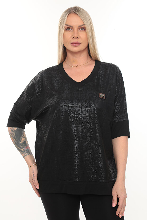 مقاس كبير بنمط الباتيك وياقة على شكل حرف V - 1