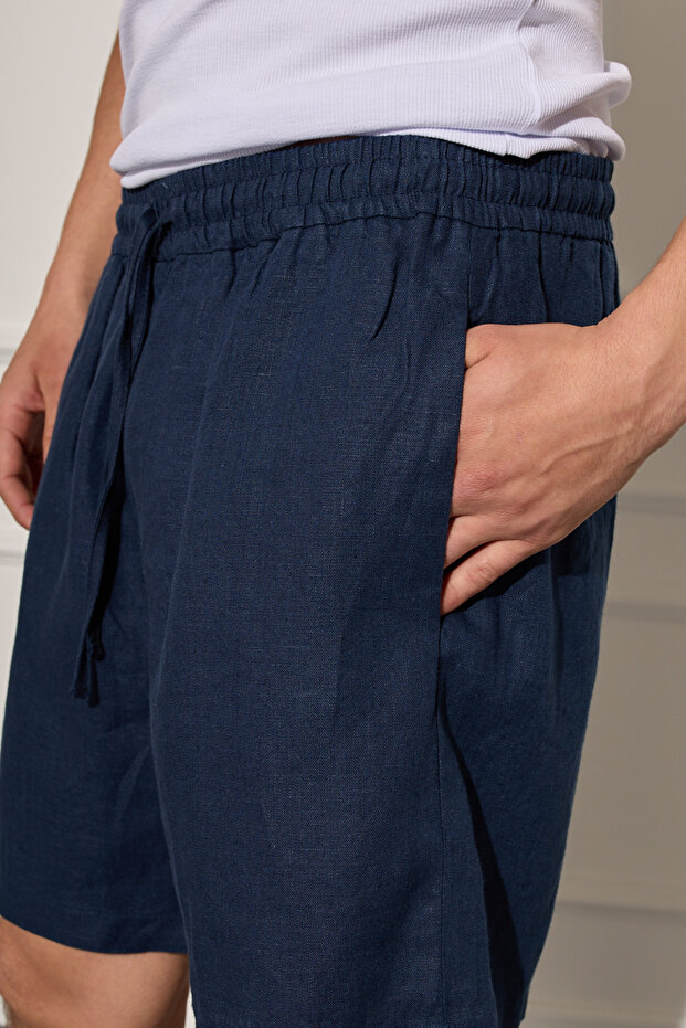 %100 Keten Beli Lastikli Şort - 3