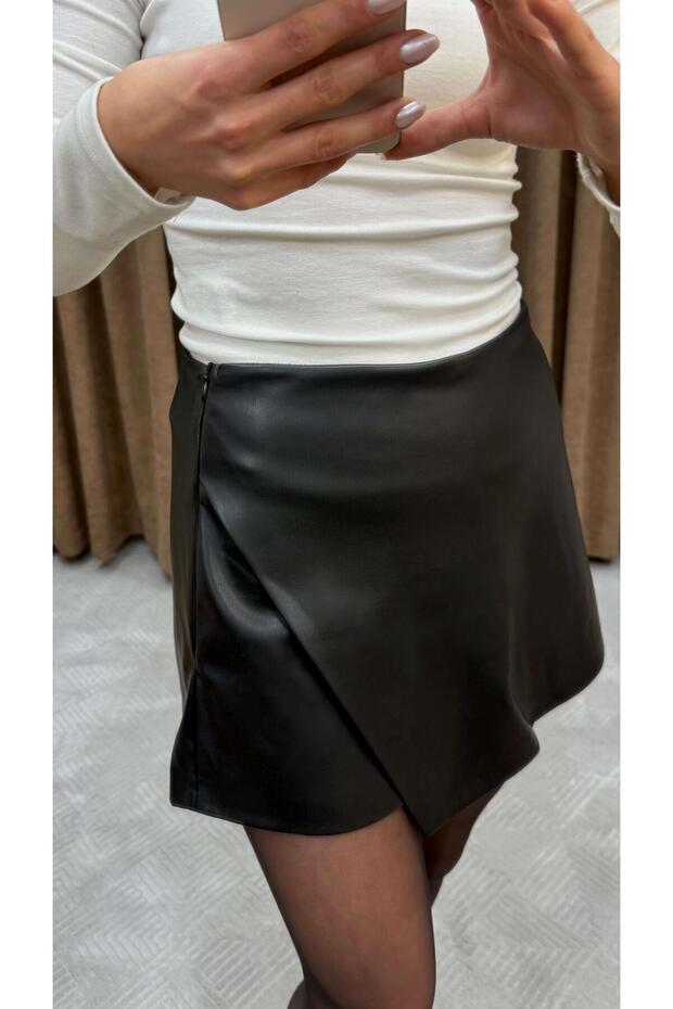SİYAH MİNİ DERİ ŞORT ETEK - 4