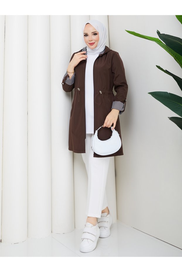 Striped Bondit Fabric Hooded Hijab Trench Coat with Elastic Waistband Rc905010