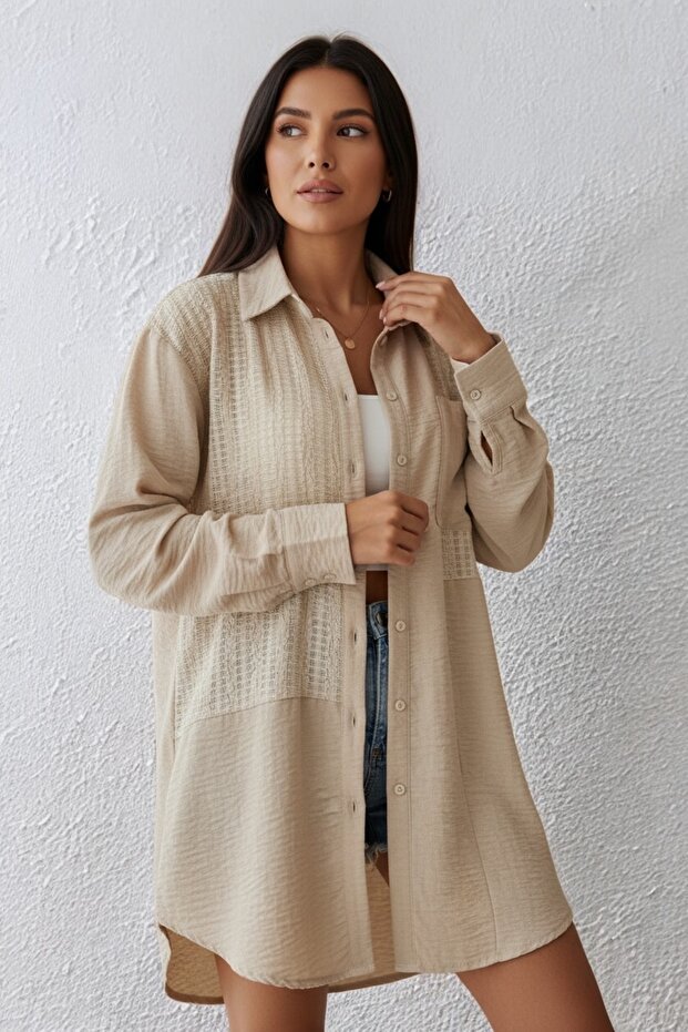 Ajur Detaylı Uzun Boy Düğmeli Regular Basic Gömlek - 2