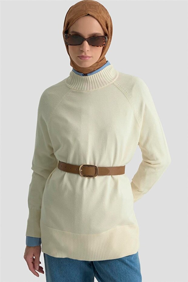 Düğmeli Basic Oversize Kazak 25KD6016 Ekru - 3