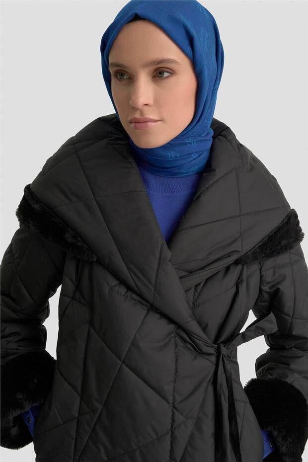 معطف مبطن مربوط 25KD1403 أسود