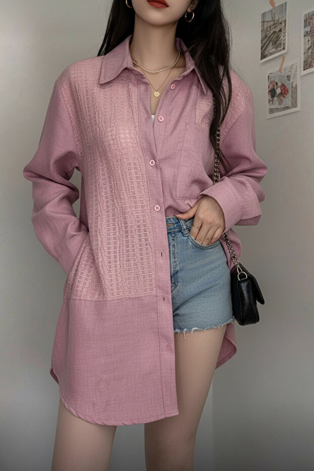 Ajur Detaylı Uzun Boy Düğmeli Regular Basic Gömlek - 2