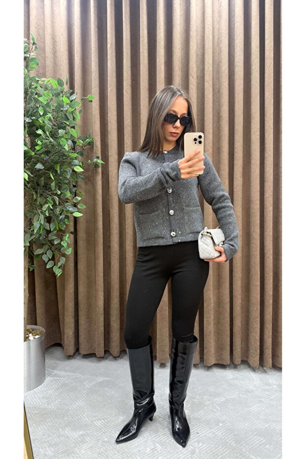 GRİ PULLU SİMLİ DÜĞMELİ TRİKO HIRKA - 3