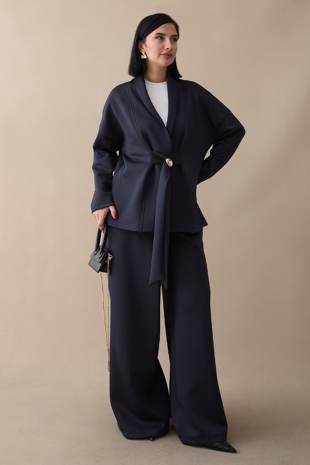 Brooch Detail Jacketed Navy Blue Double Suit