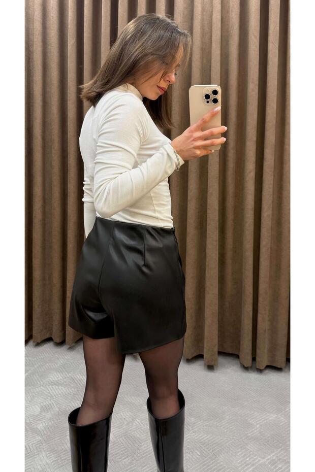 SİYAH MİNİ DERİ ŞORT ETEK - 5