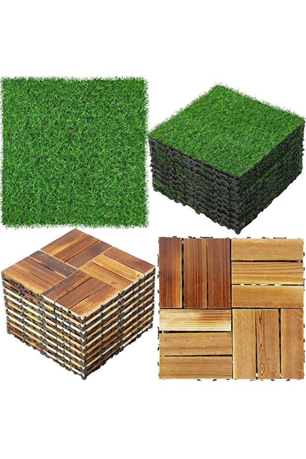 OneDcor Grass & Wood Interlocking Floor Tiles – Outdoor/Indoor Flooring Tiles for Balcony, Garden